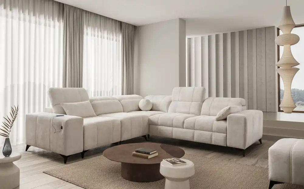 Ecksofa mit Schlaffunktion Penejos III creme links äußerst bequemes und praktisches Ecksofa für das Wohnzimmer zwei Container für Bettzeug Nur Heute
