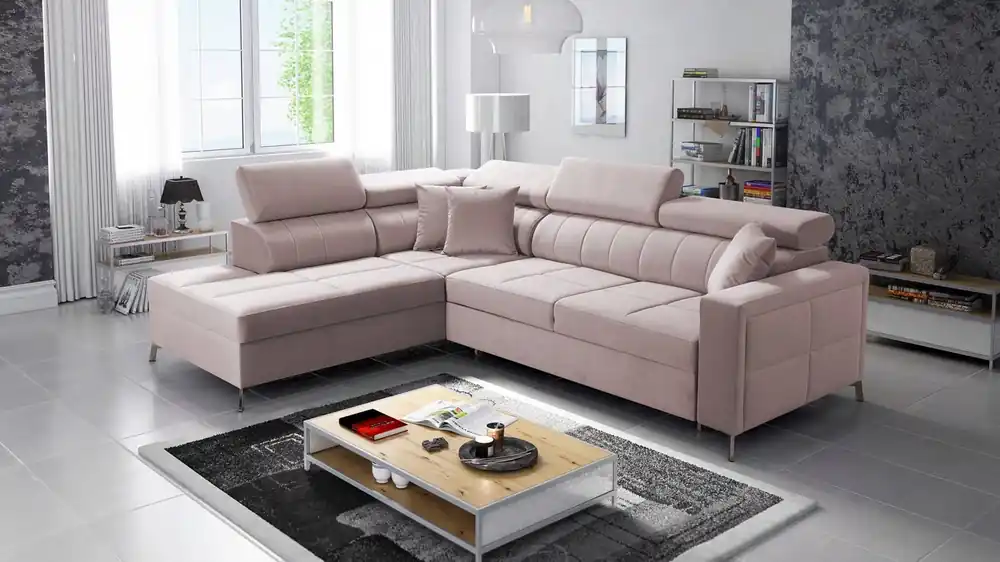 Ecksofa mit Schlaffunktion Nausa III puderrosa links Samt stilvolles bequemes Ecksofa verstellbare Kopfstützen Bettzeugcontainer Letzte Chance
