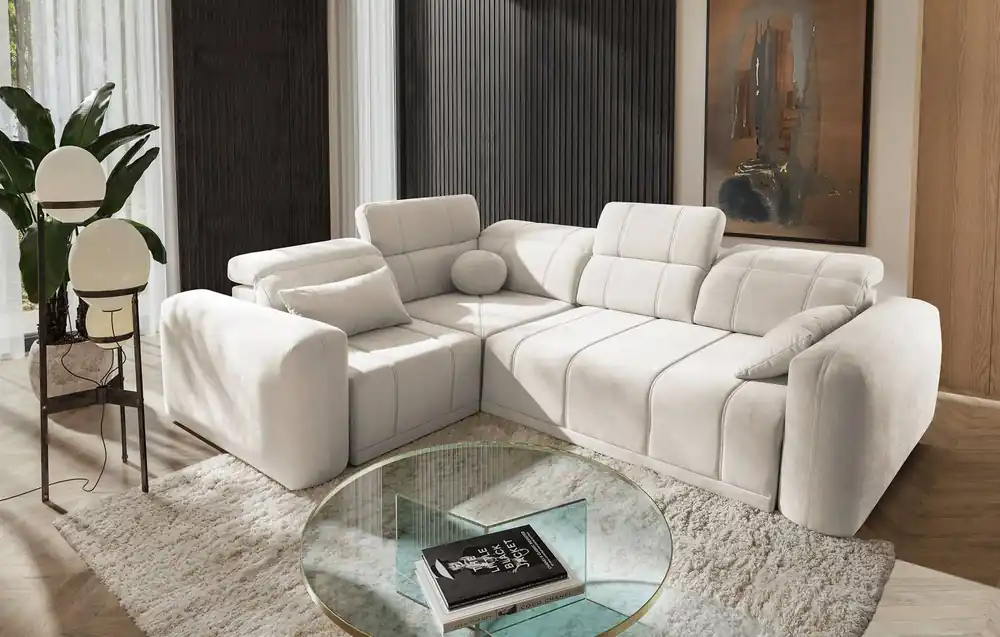 Ecksofa mit Schlaffunktion Cetara II creme linke Seite stilvolles Design verschiebbare Rückenlehnen verstellbare Kopfstützen und Bettzeugbehälter Beliebt