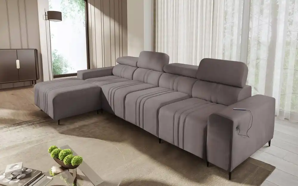 Ecksofa mit Schlaffunktion Castel XII grau braun linke Seite stilvolles und bequemes Ecksofa für Wohnzimmer funktionelle verstellbare Kopfstützen Markenprodukt