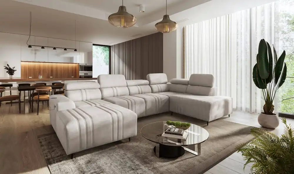 Ecksofa mit Schlaffunktion Castel VI beige links komfortables und elegantes Ecksofa mit zwei Bettkästen Echt