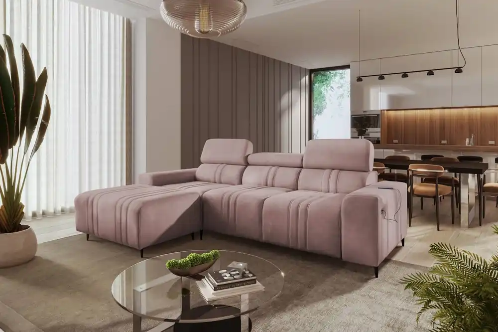 Ecksofa mit Schlaffunktion Castel rosa links komfortables und stilvolles Ecksofa mit Bettzeugcontainer Schneller Versand