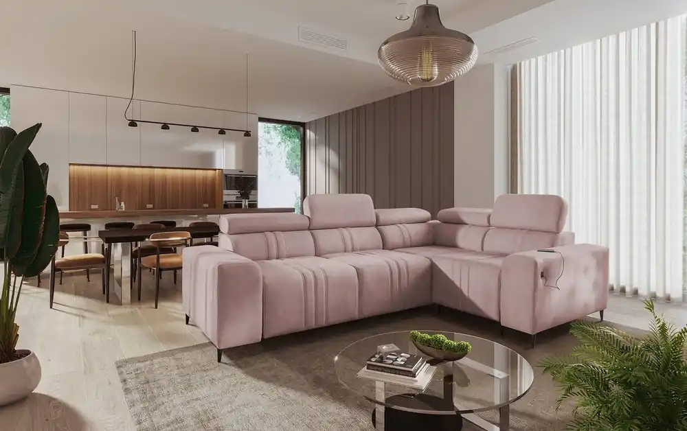 Ecksofa mit Schlaffunktion Castel II rosa rechts bequemes Ecksofa mit verstellbaren Kopfstützen Bettzeugcontainer Nur Heute