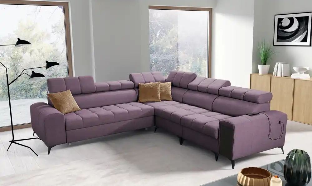 Ecksofa mit Schlaffunktion Bolmso III violett rechts Ecksofa mit Bettzeugcontainer Vollauszug in der Seite des Möbels Top-Preis