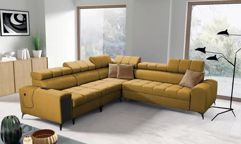 Garantierte Lieferung Ecksofa mit Schlaffunktion Bolmso III Senf linkes Ecksofa mit Bettzeugcontainer Vollauszug in der Seite des Möbels