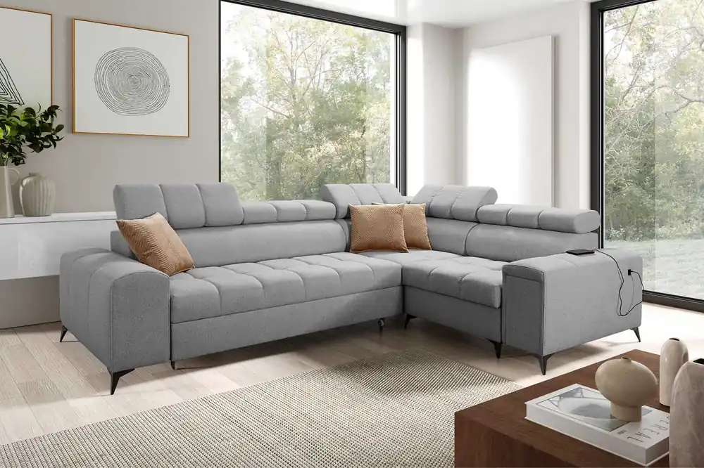 Markenware Ecksofa mit Schlaffunktion Bolmso II grau rechtsseitiges Ecksofa mit Bettzeugauszug mit Vollauszug in der Seite des Möbels