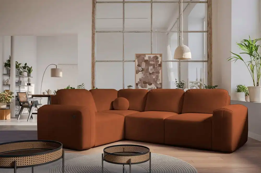 Ecksofa mit Schlaffunktion Arbon II ziegelrot linke Ecke stilvolles Design markante runde Form Behälter für Bettzeug Super-Preis