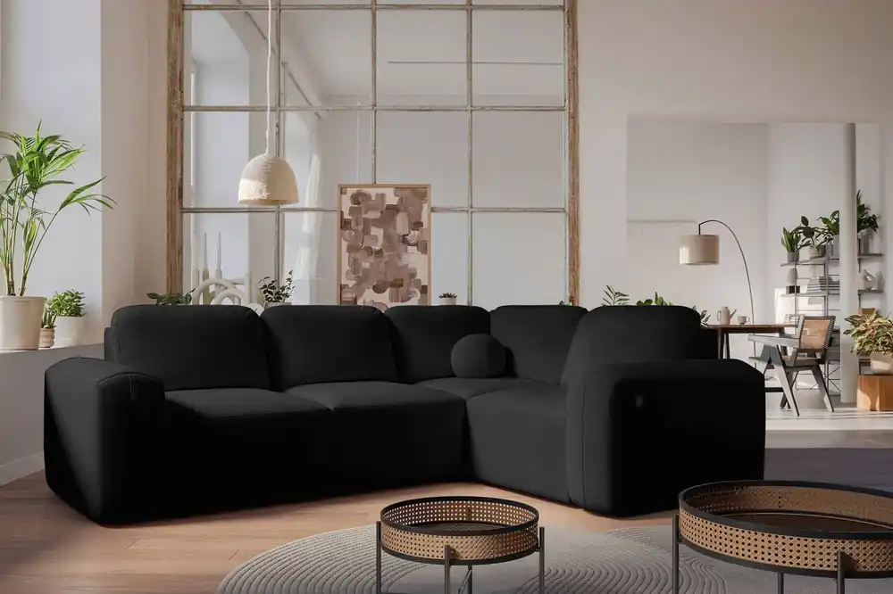 Neue Ware Ecksofa mit Schlaffunktion Arbon II schwarz rechte Ecke stilvolles Design markante runde Form Behälter für Bettzeug