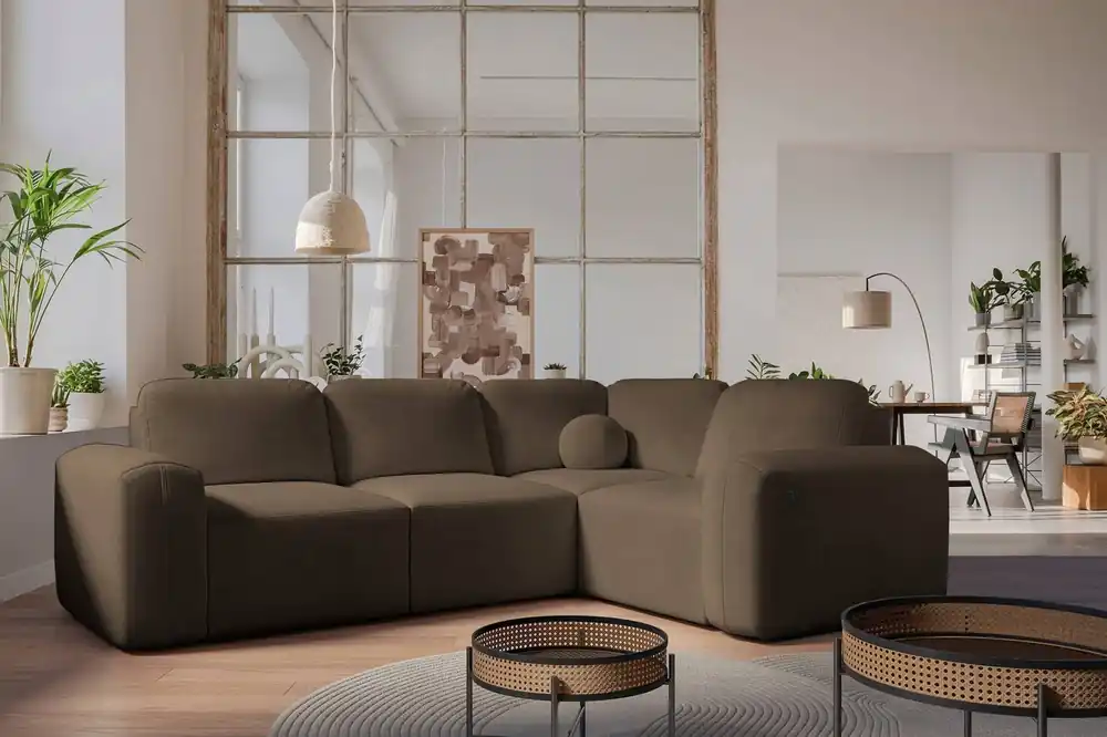 Angebot Ecksofa mit Schlaffunktion Arbon II braun rechte Ecke stilvolles Design markante runde Form Container für Bettzeug
