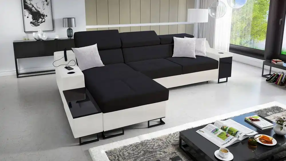 Echt Ecksofa mit Schlaffunktion Alcamo schwarz/weiß links elegantes Ecksofa mit einer ausziehbaren praktischen Schublade an der Seite des Möbels
