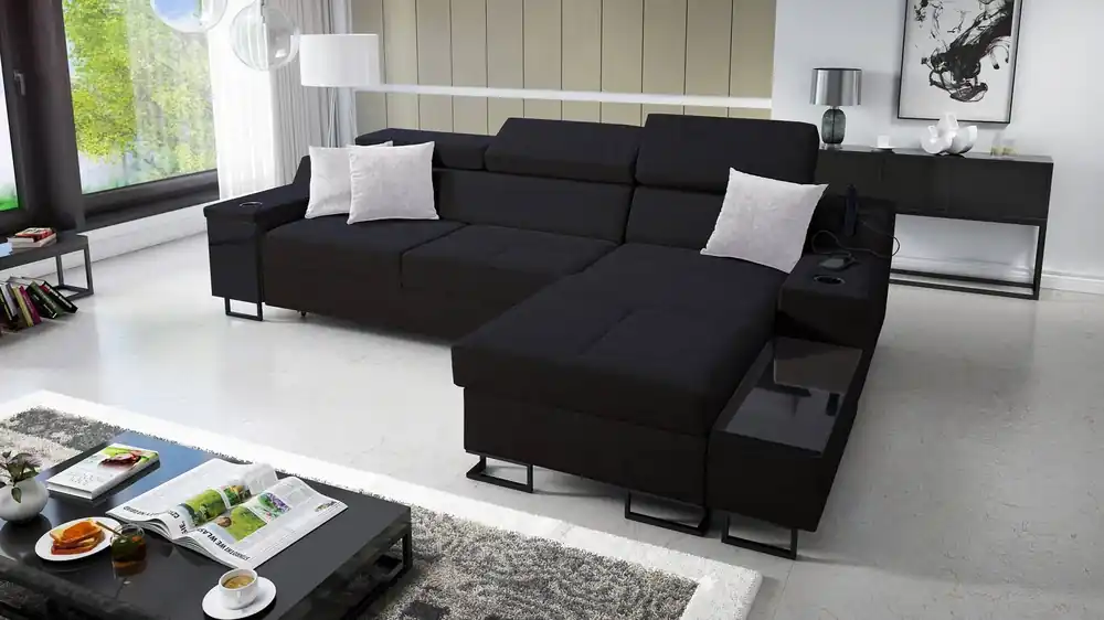 Bestpreis Ecksofa mit Schlaffunktion Alcamo schwarz rechts elegantes und stilvolles Ecksofa mit einer ausziehbaren praktischen Schublade an der Seite des Möbels
