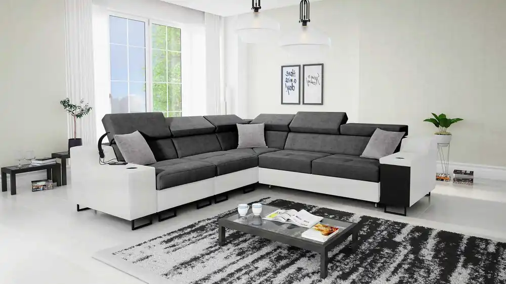 Neuheit Ecksofa mit Schlaffunktion Alcamo III grau / weiß links Funktions-Ecksofa mit einer Schublade in der Seite zwei Behälter für Bettzeug