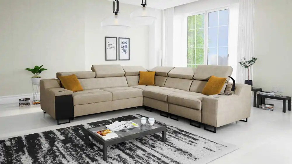 Jetzt Bestellen Ecksofa mit Schlaffunktion Alcamo III beige rechte Seite funktionelles und stilvolles Ecksofa mit Schublade in der Seite zwei Behälter für Bettzeug