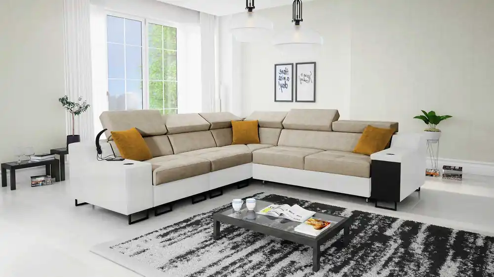 Neu Im Sortiment Ecksofa mit Schlaffunktion Alcamo III beige / weiß links Funktions-Ecksofa mit einer Schublade in der Seite zwei Behälter für Bettzeug