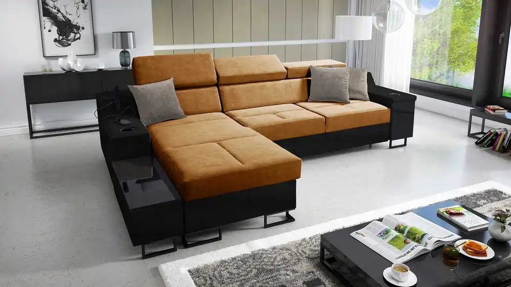 Ecksofa mit Schlaffunktion Alcamo honig/schwarz links elegantes und stilvolles Ecksofa mit einer ausziehbaren praktischen Schublade an der Seite des Möbels Highlight