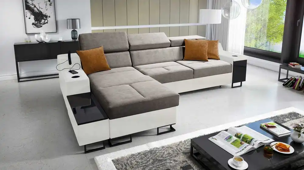 Garantierte Lieferung Ecksofa mit Schlaffunktion Alcamo grau-braun/weiß links elegantes Ecksofa mit einer ausziehbaren praktischen Schublade an der Seite des Möbels