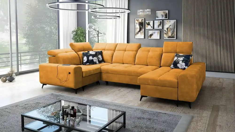 Buffalo IV Ecksofa mit Schlaffunktion gelb rechte Ecke stilvolles Sofa mit zwei Bettcontainern Velourstoff Preisknaller