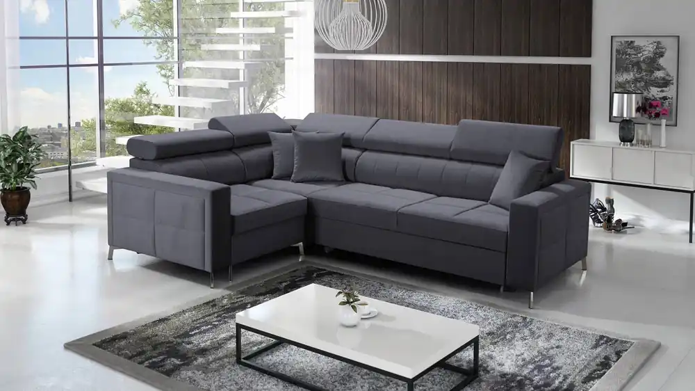 Preis Gesenkt Nausa II Ecksofa mit Schlaffunktion in Graphit links Samt Ziernähte auf der Sitzfläche Ecksofa mit einem Koffer für Bettzeug