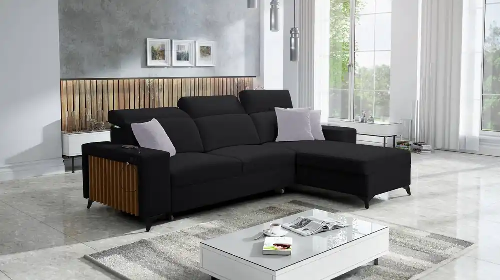 Kelly Ecksofa mit Schlaffunktion schwarz rechtsseitig geflochten Komfort und Funktionalität Eckseite mit Latten abgeschlossen Geprüft