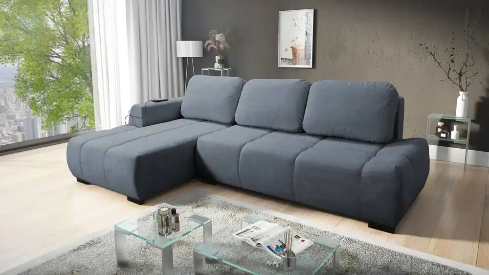 Echt Ecksofa mit Schlaffunktion Zartblaues linksseitiges Ecksofa in stilvollem Design, das sich durch seine abgerundete Form auszeichnet