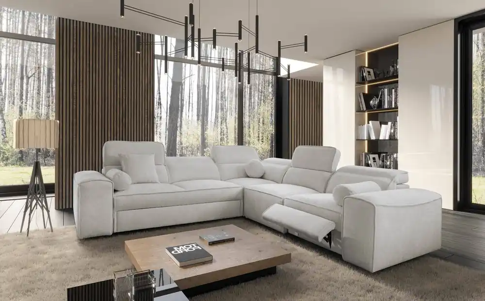 Top-Angebot Ecksofa mit Schlaffunktion Viano III Lux grau Esche rechts modernes Ecksofa mit ausziehbarem Fußteil Container für Bettzeug