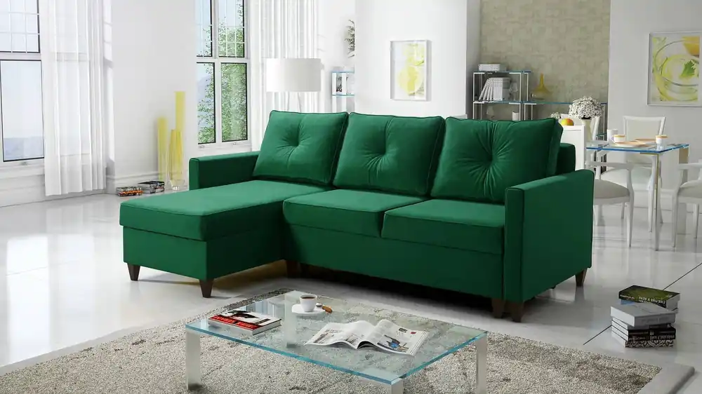 Top-Preis Ecksofa mit Schlaffunktion Terni Flasche grün links Praktisches und funktionelles Ecksofa mit geräumigen Behältern für Bettzeug