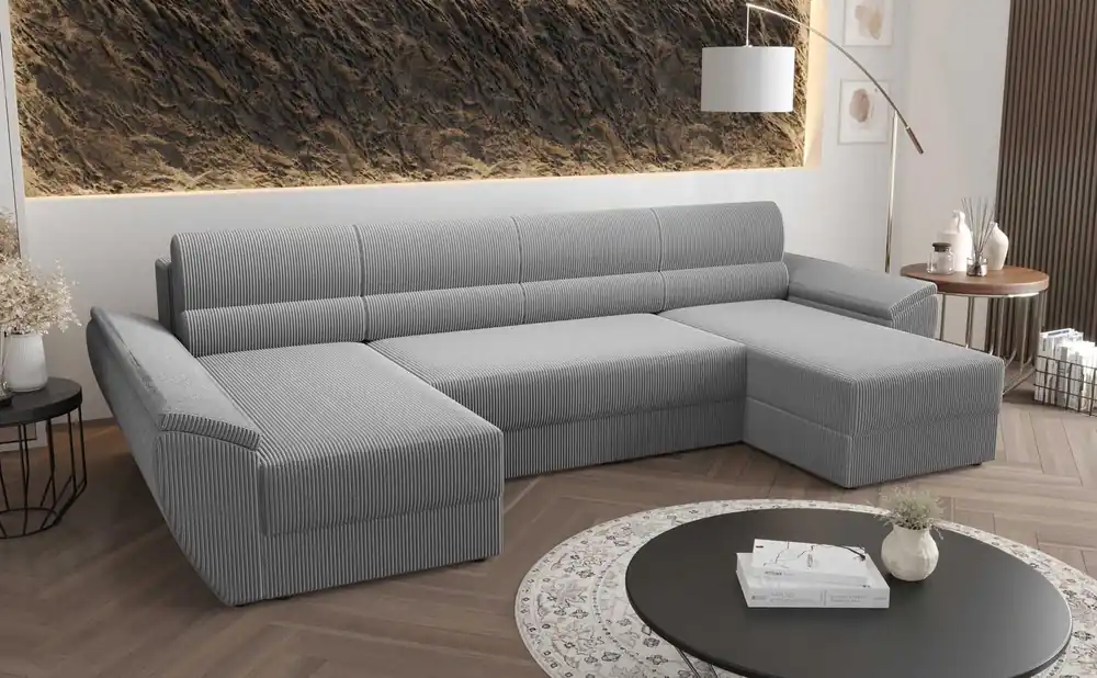 Ecksofa mit Schlaffunktion Fogu U III Grau Esche Stilvolles Ecksofa mit Armlehnen und Bettzeugablage Kordelstoff Beliebt