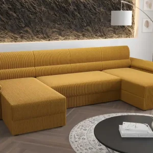 Abverkauf Ecksofa mit Schlaffunktion Fogu U II Honig-Gelb bequemes Ecksofa mit bequemen Armlehnen interessanter Designcontainer für Bettzeug