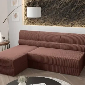 Aktuell Ecksofa mit Schlaffunktion Fogu Indisches rosafarbenes Ecksofa für die linke Seite mit einfachem Design, bezogen mit einem Bettcontainer aus Kordstoff