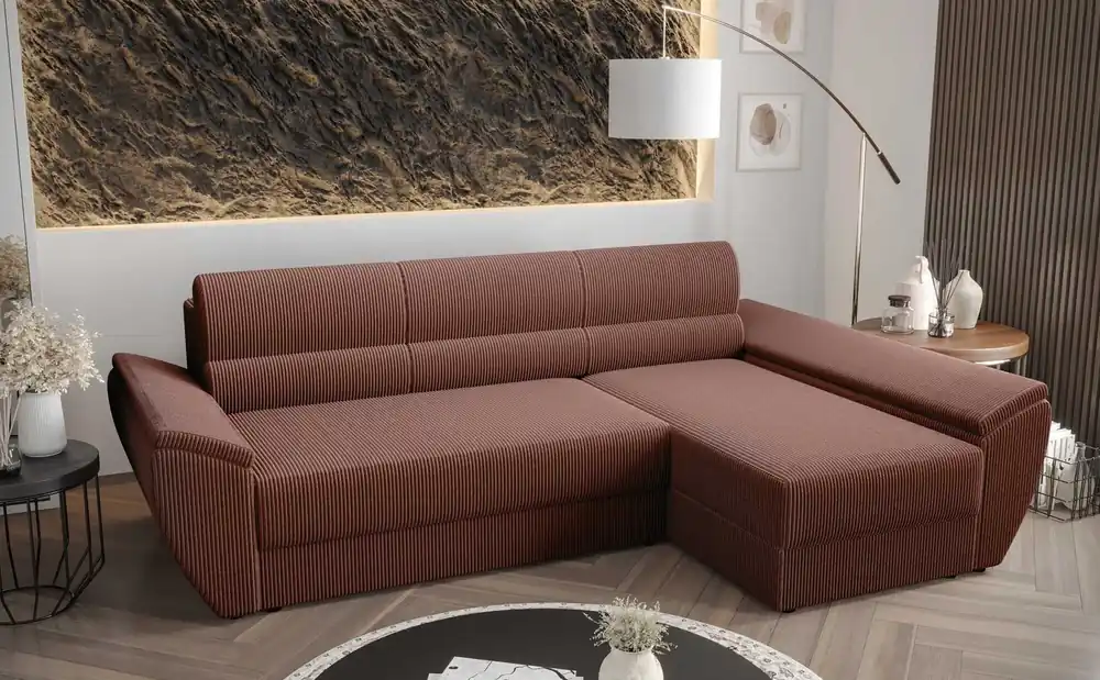 Online Kaufen Ecksofa mit Schlaffunktion Fogu III Indisch rosa rechtes Ecksofa mit Armlehnen und Bettzeugablage Kordelstoff