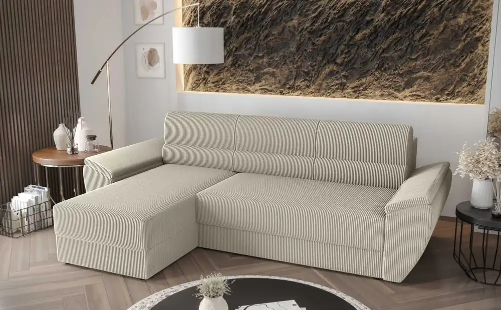 Top-Angebot Ecksofa mit Schlaffunktion Fogu II Elfenbein linke Seite stilvolles Ecksofa mit bequemen Armlehnen und Bettzeugcontainer