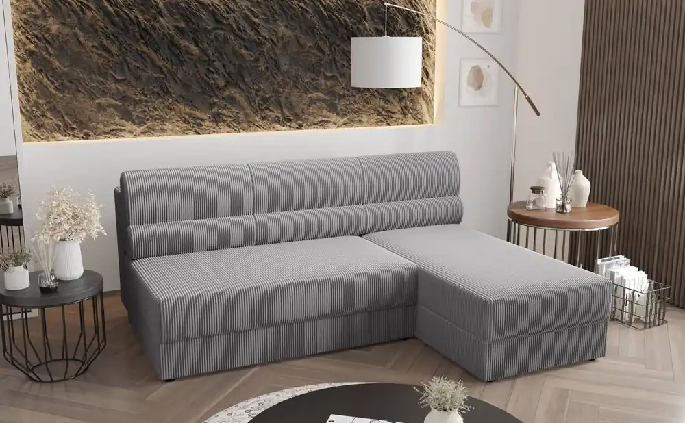 Neu Ecksofa mit Schlaffunktion Fogu graues Eschenholz-Ecksofa mit schlichtem Design, bezogen mit einem Bettcontainer aus Kordstoff