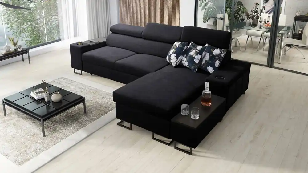 Expressversand Ecksofa mit Schlaffunktion Flavio schwarz rechts Komfort elegantes Ecksofa mit einer seitlich zu öffnenden Verlängerungsstange