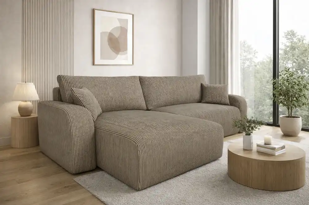 Zertifiziert Ecksofa mit Schlaffunktion Fiesta XL hellbraun universal Ecksofa mit Bettzeugablage stilvoller Cordstoff