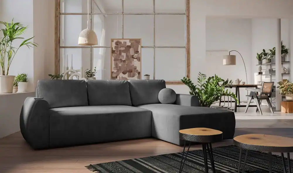 Sonderangebot Ecksofa mit Schlaffunktion Colio graphit rechte Seite stilvolles Ecksofa mit interessanter Form Veloursstoff Zierkissen Ball