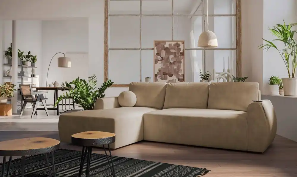 Ecksofa mit Schlaffunktion Colio dunkelbeige linke Seite stilvolles Ecksofa mit interessanter Form Zierkissen Ball Top-Seller