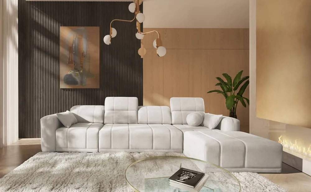Ecksofa mit Schlaffunktion Cetara XII creme rechts stilvolles Design bequeme verschiebbare Rückenlehnen zwei Bettzeugkästen Bestpreis
