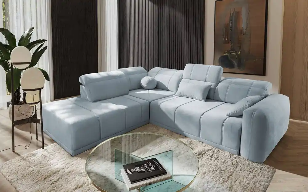 Super-Preis Ecksofa mit Schlaffunktion Cetara VII blau links Hochwertiges Ecksofa für den Wohnbereich mit bequemer Schiebelehne