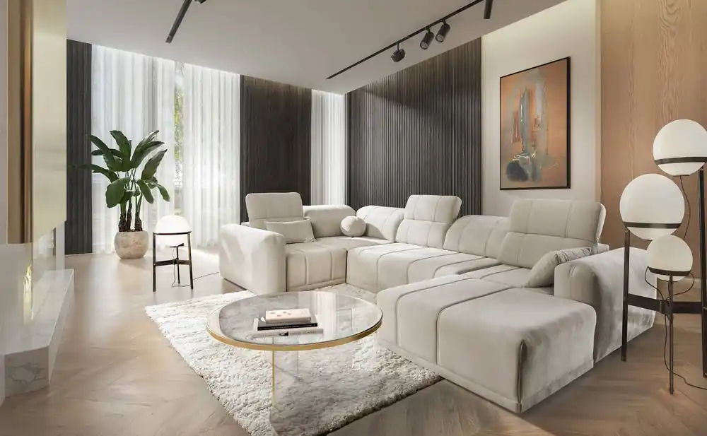 Ecksofa mit Schlaffunktion Cetara IV beige rechte Ecke stilvolles Design mit verschiebbaren Rückenlehnen zwei Bettzeugbehälter Finale Aktion
