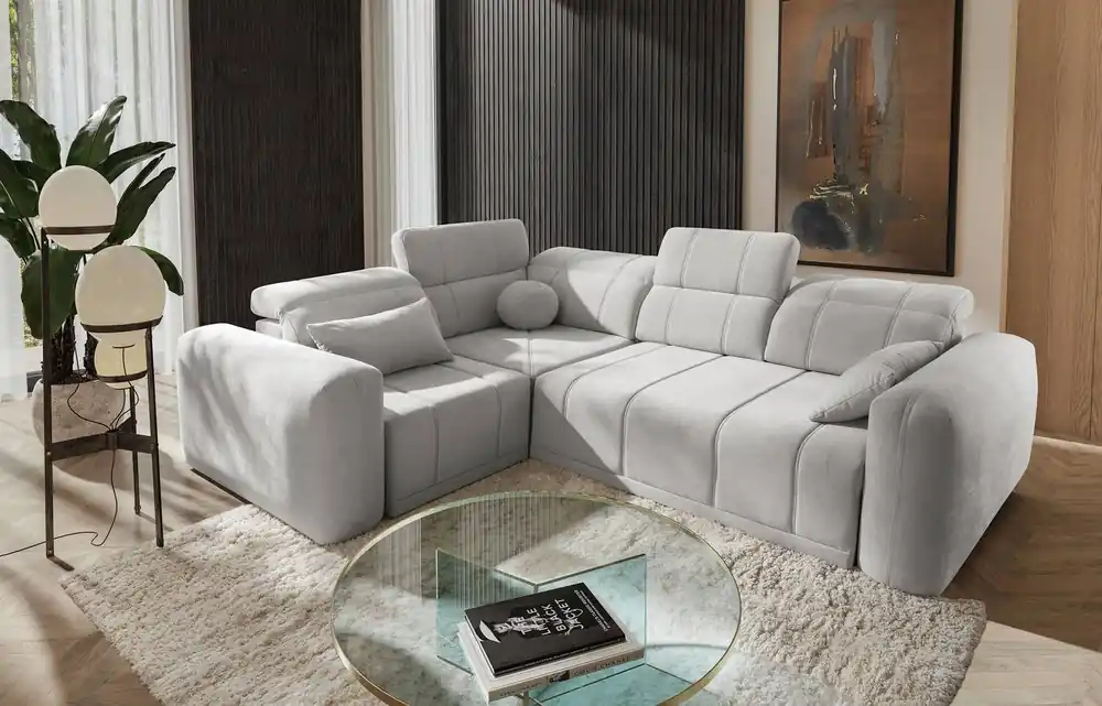 Neu Im Sortiment Ecksofa mit Schlaffunktion Cetara II grau Esche links stilvolles Design verschiebbare Rückenlehnen verstellbare Kopfstützen und ein Bettzeugbehälter