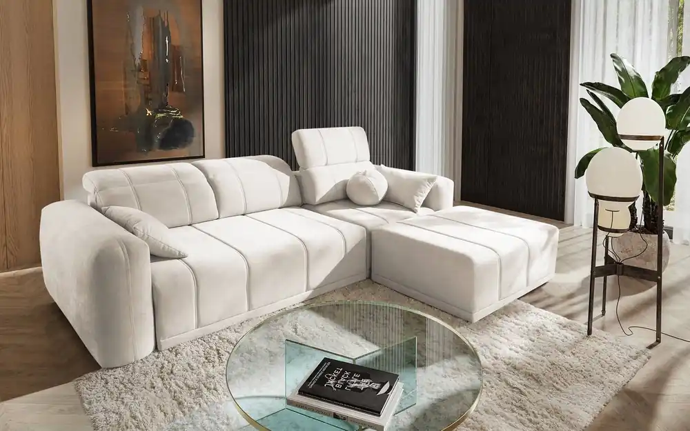 Mega-Angebot Ecksofa mit Schlaffunktion Cetara creme rechts stilvolles Design bequeme verschiebbare Rückenlehnen verstellbare Kopfstützen