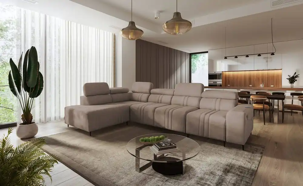 Ecksofa mit Schlaffunktion Castel XI hellbraun links Komfort-Ecksofa mit Bettzeugablage strapazierfähiger Stoff Sonderangebot