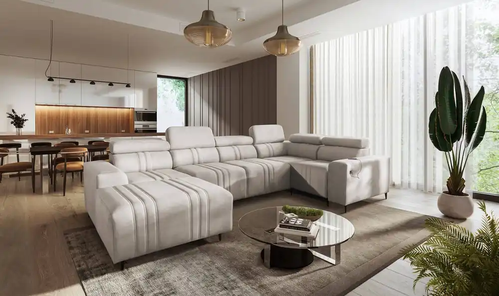 Ecksofa mit Schlaffunktion Castel IV beige linke Seite stilvolles Ecksofa mit Bettzeugcontainern und verstellbaren Kopfstützen Schneller Versand