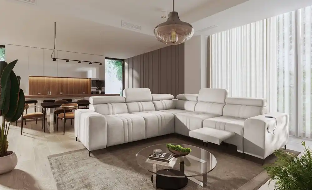 Ecksofa mit Schlaffunktion Castel III Lux beige rechte Ecke äußerst bequemes Ecksofa für das Wohnzimmer mit ausziehbarer Fußstütze Echt