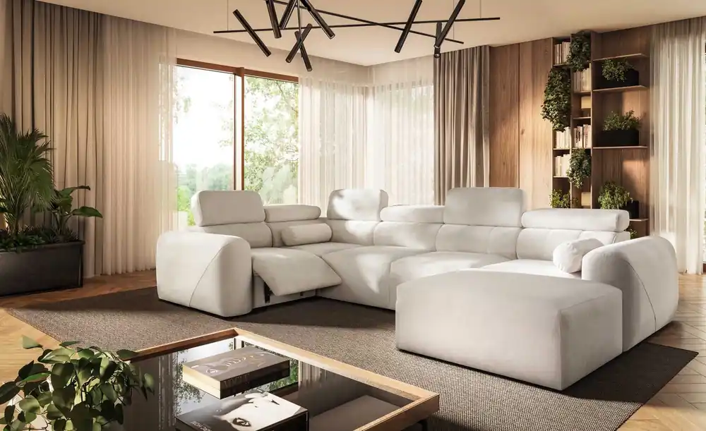 Sofort Bestellen Ecksofa mit Schlaffunktion Cantare IV Lux Elfenbeinfarbenes rechts Sorgfältig verarbeitetes Ecksofa für das Wohnzimmer mit hochklappbarer Fußstütze