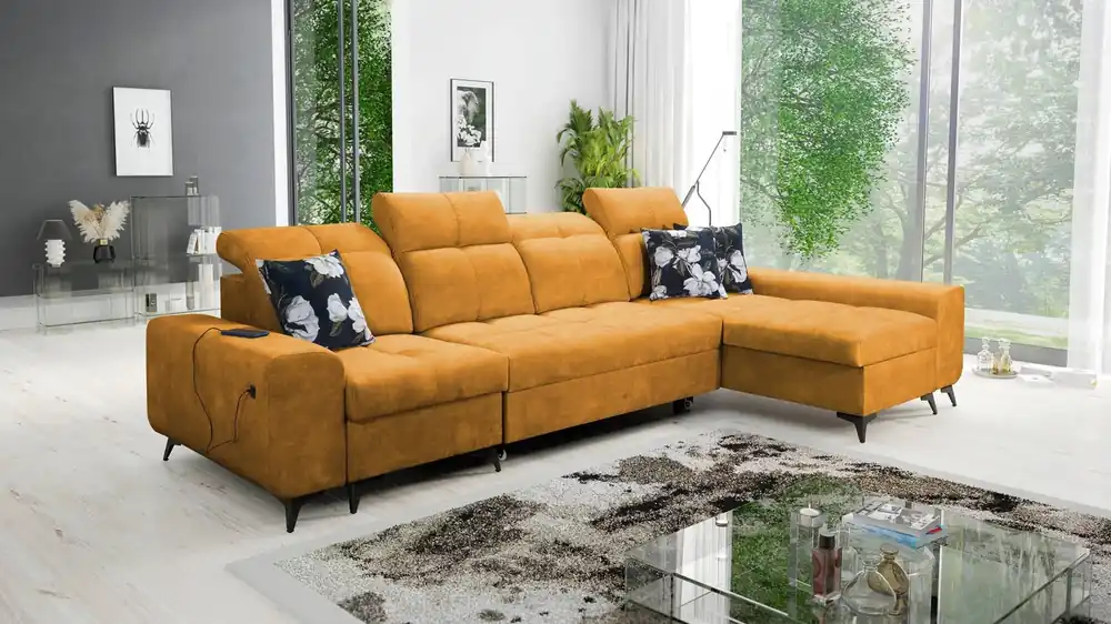 Rabatt Ecksofa mit Schlaffunktion Buffalo XII gelb rechte Seite stilvolles und funktionelles Ecksofa mit Bettzeugcontainer