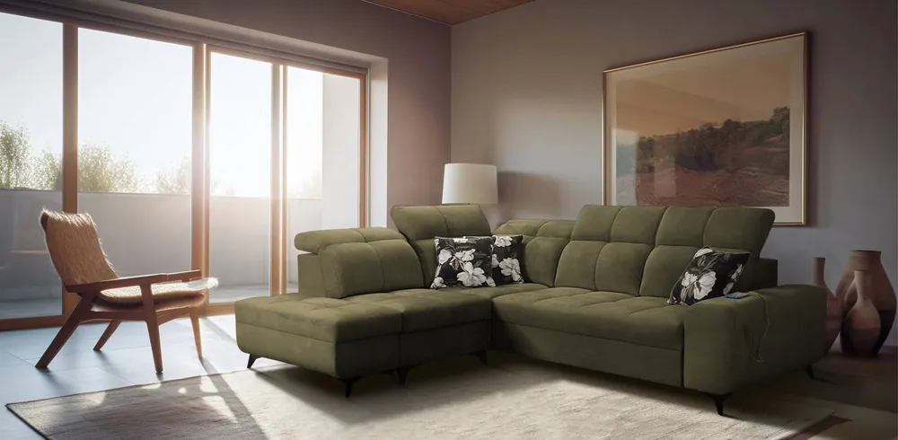 Schneller Versand Ecksofa mit Schlaffunktion Buffalo VII olivgrün links stilvolles Ecksofa mit Bettzeugcontainern Velourstoff