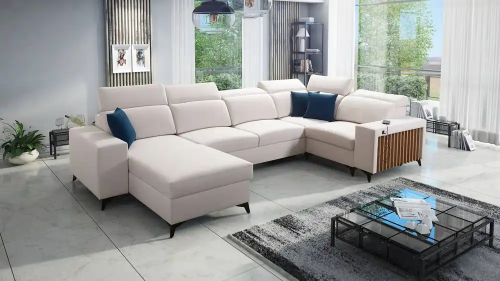 Ecksofa mit Schlaffunktion Kelly IV elfenbeinfarbener linksseitiger Samt komfortables Ecksofa verstellbare Kopfstützen seitlich mit Lamellen eingefasst Solange Der Vorrat Reicht