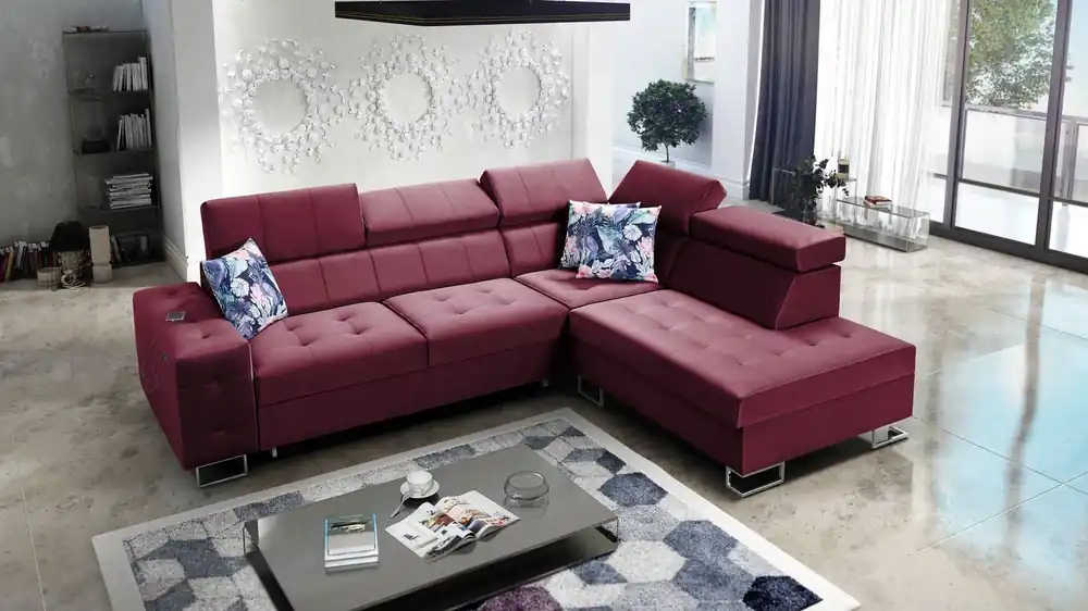 Preiswert Ecksofa mit Schlaffunktion Hampton VII kastanienbraun rechte Ecke Sofa für den Raum aus Samt Stoff mit einer glatten Oberfläche