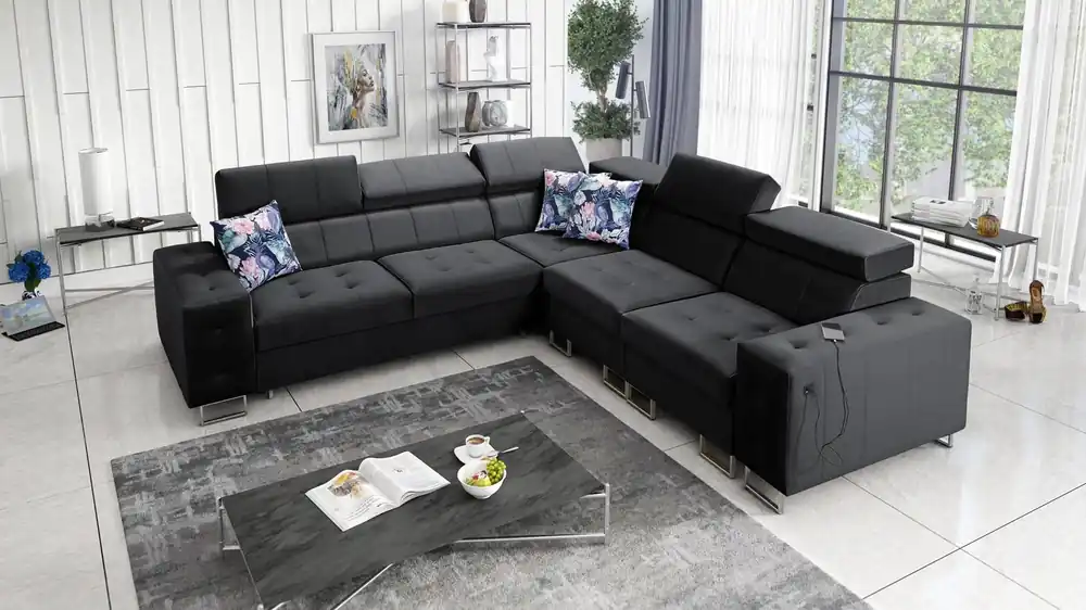 Ecksofa mit Schlaffunktion Hampton III schwarzes rechtsseitiges Komfort-Ecksofa aus glattem und weichem Samtstoff Markenprodukt